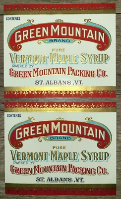 Lot of 2 vtg Green Mountain Brand Pure Vermont Maple Syrup labels, St. Albans VT - Image 1 of 4