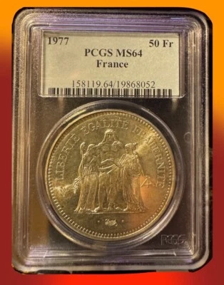 1977 France Silver 50 Francs Silver Coin PCGS MS64 GAD-882 F-427 - Image 1 of 3