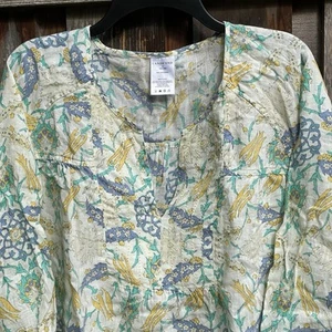 Lands' End 100% Linen V-Neck 3/4 Sleeve Tunic Top Size 1X Floral Print 16W-18W - Picture 1 of 6