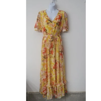 Calvin Klein Floral Maxi Dress Size 12 V Neck Yellow Ruffle Event Guest - Image 1 of 4