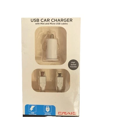 Craig USB Car Charger Mini & Micro Cables White - Image 1 of 2