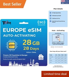 28GB Prepaid eSIM with Unlimited Calls + 150 Aus Minutes - 34 Countries - Picture 1 of 8