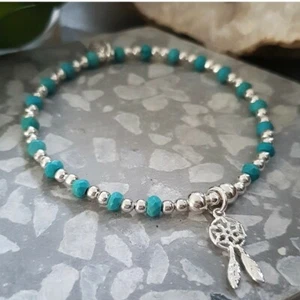 Inka Sterling Silver bead Stacking Bracelet with Turquoise & Dreamcatcher Charm - Picture 1 of 4