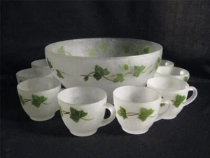 FEDERAL GLASS CO. SATIN GLASS PUNCH BOWL & 8 CUPS - IVY PATTERN - Picture 1 of 1