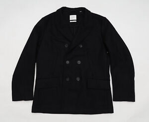 Billy Reid Bond Peacoat Coat Black Mens Size Large Leather Trim