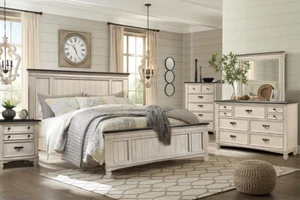 NEW Two-Tone White Queen King 5PC Rustic Bedroom Modern Furniture Set B/D/M/N/C - Picture 1 of 39