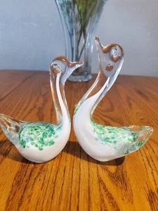 Pair of Mid Century Green & White art glass birds/swans animal figures - Picture 1 of 5