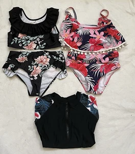 Shein Girls 2 Bikinis sets Top Bottom Rash Guard Swimsuit Black Floral  140-150 - Picture 1 of 9