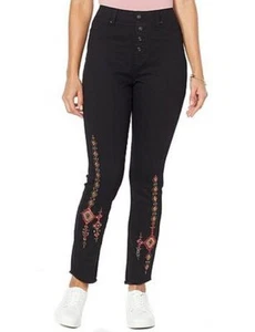 DG2 Diane Gilman Aztec Embroidered Exposed Button Jean Black L New Fray Hem - Picture 1 of 5