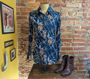 1970s Men's Disco Era Floral Long Sleeve Shirt blue with brown roses - MEDIUM - Picture 1 of 7
