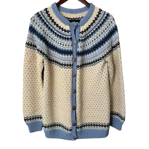 Handmade Knit Fair Isle Large Sweater Cardigan Silver Metal Buttons Blue - Picture 1 of 12