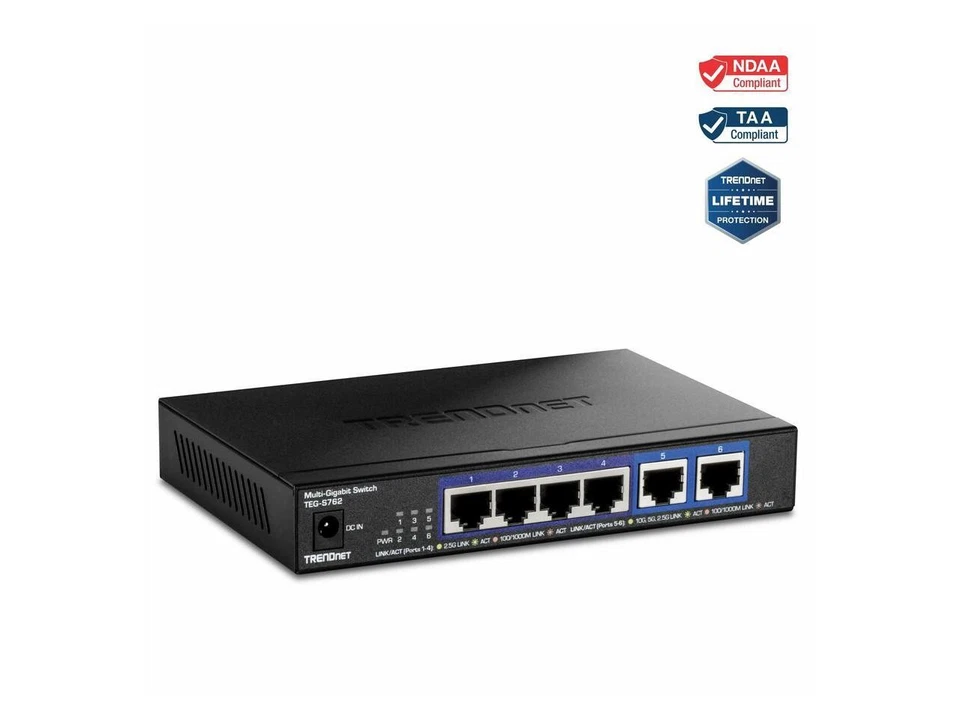 TRENDnet 6-Port 10G Switch, 4 x 2.5G RJ-45 Base-T Ports, TEG-S762, 2 x 10G RJ-45 - Image 1 of 4