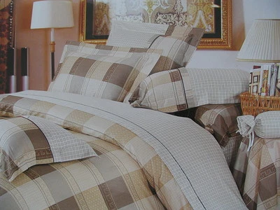 Cotton Queen Size 7PC Beige& Brown Plaid Duvet Cover Bedding Set Tan Beige  - Image 1 of 4
