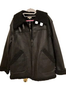 New/Black Winter jacket in Faux Leather Lamb Fur size L / Max Studio of London - Picture 1 of 7