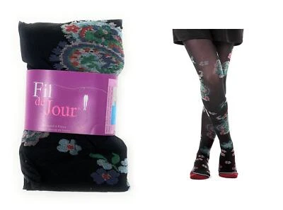 Fil de Jour France Women's Fashion Tights 30D, Palmettes Noir, Made in Italy - Image 1 of 4