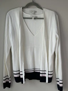 TH Women’s XL White 2pc Tennis Stripe Set Tank Top/Cardigan Sweater Set Cotton - Picture 1 of 6