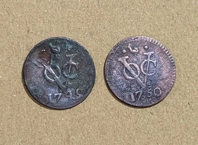 2 Pcs Dutch Netherlands VOC 1 Duit 1749 & 1750 Set year New York Penny Coin_W96 - Image 1 of 4