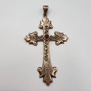 Colgante Cristiano Vintage Cruz Religiosa Plata 835 Dorado Granate Joyería Alemania - Imagen 1 de 8