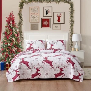 Christmas Queen Full Quilt Bedding Set (1 Reddeer Printed Quilt and 2... - Picture 1 of 9