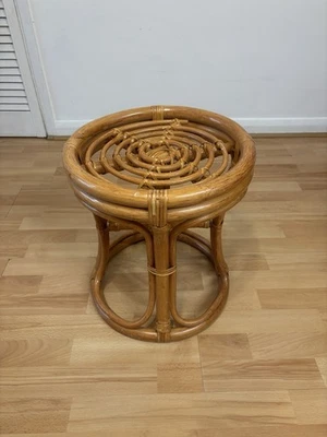 Vintage Mid Century Round Bohemian Cane Bamboo Boho Stool Side Table Plant Stand - Image 1 of 4