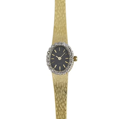 Belair Ladies Gold Tone Oval Watch Crystal Bezel Black Dial Mesh Bracelet - Image 1 of 4
