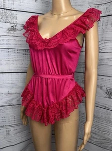 VTG Alana Gale Fuchsia Lace Ruffle Romper Teddy Lingerie Sissy M USA French Cut - Picture 1 of 21