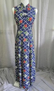 Len Vogue Melbourne Dress s.8 (Vintage 12) 70's Maxi Blue Floral Poppies Lattice - Picture 1 of 10