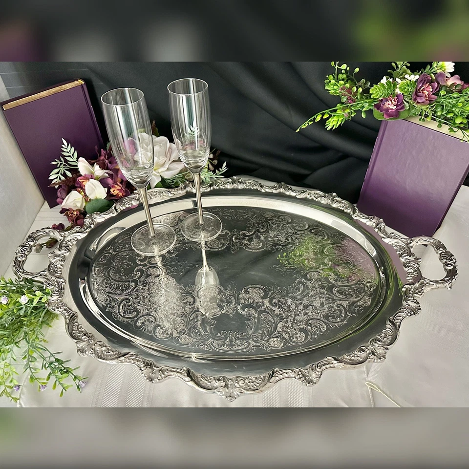 Toalha banhada a prata bandeja pé mordomos bandeja de servir prata cabo vintage * - Imagem 1 de 4