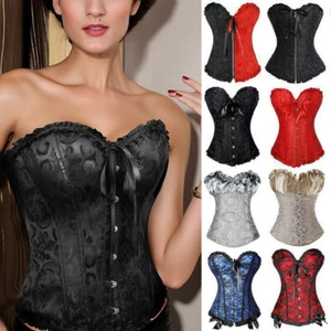 Women Boned Brocade Overbust Corset Bustier Top Waist Training Cincher Plus Size - Picture 1 of 37