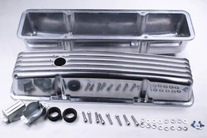 58-86 SBC Chevy 327 350 400 Polished Aluminum Tall Retro Finned Valve Covers - Picture 1 of 6