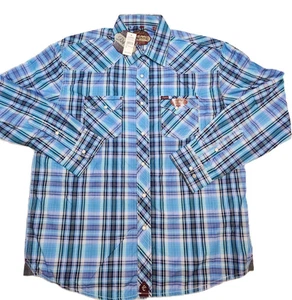 Rafter C Long Sleeve Western Shirt Pearl Snaps Blue Plaid Mens Size XL - Picture 1 of 14
