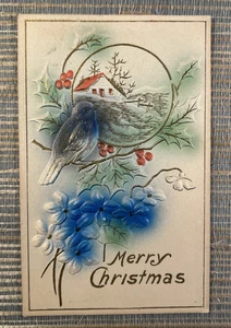 Merry Christmas Bird Flowers Holly House Airbrush Embossed Postcard - Picture 1 of 2