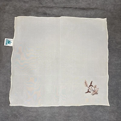 Vintage Silk Botanical Floral Handkerchief 10”x 10.75” Hanky Hankie Cream Brown - Image 1 of 4