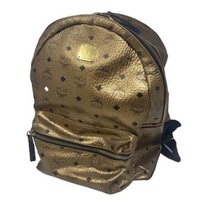 MCM Backpack  Medium Visetos Stark Metallic Gold Bronze Black Leather Zip Pocket - Picture 1 of 24