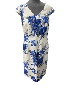  Jaques Vert Dress Blue White Flower Races Wedding Floral V Neck  New Tags UK 10 - Picture 1 of 11