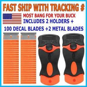 100 Pcs Plastic Razor Blades + 2 Razor Scraper Double Edged Sticker Removal Tool - Picture 1 of 12