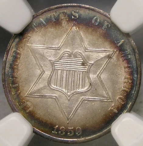 1859 THREE CENT SILVER PIECE RARE GORGEOUS FULL RAINBOW NGC MS 66 ⭐️ STAR PQ GEM Cover