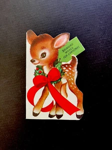 L790 VTG Marjorie Cooper Xmas Greeting Card  Adorable Deer Fawn All Trimmed Up - Picture 1 of 3