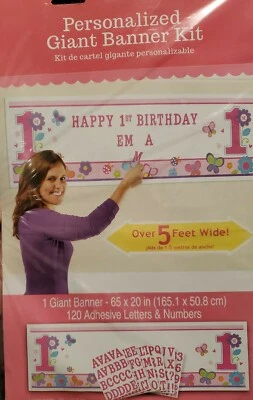 Personalized Giant Banner Kit - PINK 1ST BIRTHDAY - Over 5 ft wide - NEW  - Image 1 of 3