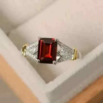3Ct Emerald Simulated Red Ruby Engagement Ring 14K Two-tone Gold Plated Silver - Image 1 of 4