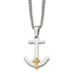 Stainless Steel 14K Gold Diamond Anchor Mariners Cross Necklace - Picture 1 of 12