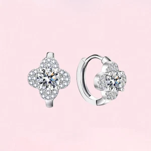 5-6.5mm D Color Moissanite Flower Hoop Earrings 925 Stertling Silver Pass Tester - Picture 1 of 9