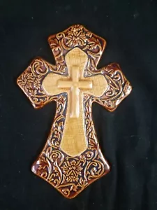 Religious Decorative Fleur De Lis Ceramic Wall Cross Brown/Beige Ready To Hang - Picture 1 of 4