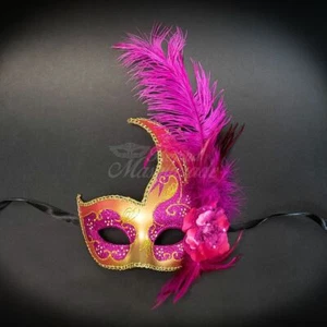 Masquerade Mask with Feathers Gold Hot Pink M6131 - Picture 1 of 4
