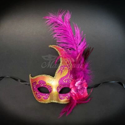 Masquerade Mask with Feathers Gold Hot Pink M6131 - Image 1 of 4