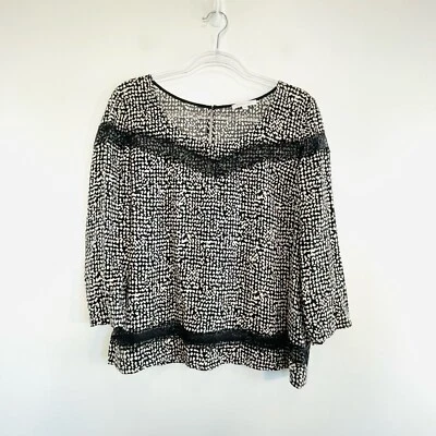 Patrizia Pepe Size 46 14 Black & White Lace Inserts Boat Neck Top Designer - Image 1 of 4