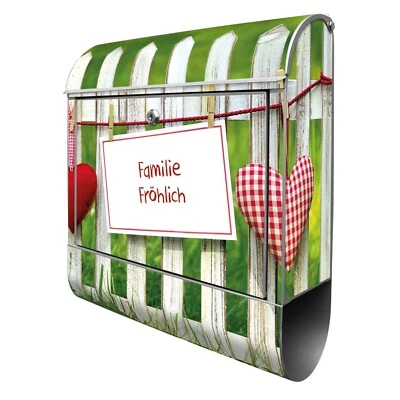 Design Briefkasten Mailbox mit eigenem Namen und Zeitungsfach Motiv Gartenzaun - Bild 1 von 4