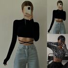 Sexy Black O Neck Crop Top with Lace Up Detail Women's Slim Fit T Shirt