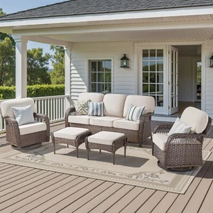 5PCS Patio Wicker Conversation Set Rattan Sofa with 2 Ottomans and 2 Chairs - Picture 1 of 11
