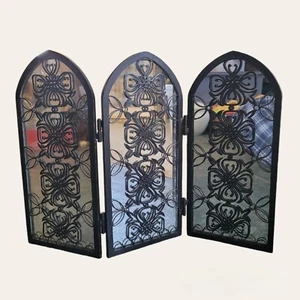 3 Three Panel Folding Metal Tabletop Screen Decorative Mirrored - Picture 1 of 2